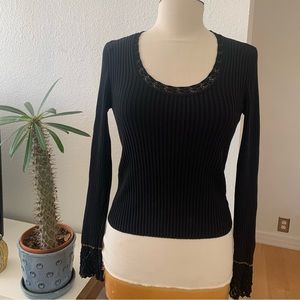 tandem | black ribbed sweater top with lace details around neck and sleeves
